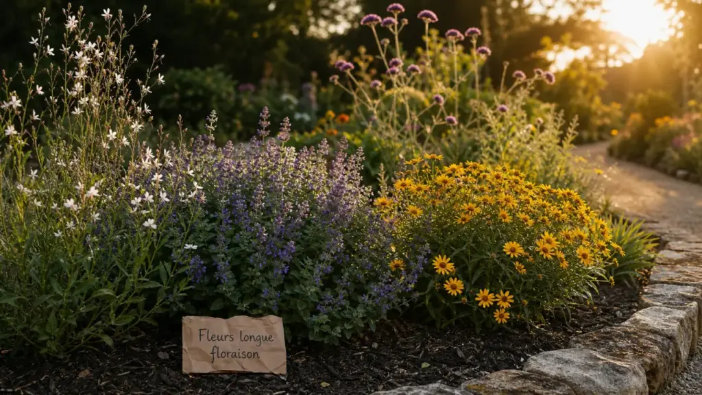 Fleur vivace longue floraison : gaura, népéta et coréopsis dans un massif de jardin au soleil