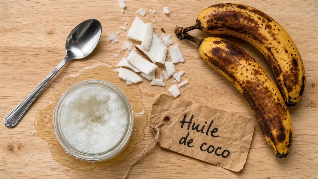Huile d noix de coco vierge fondue en flaque, pot en verre et copeaux de noix de coco