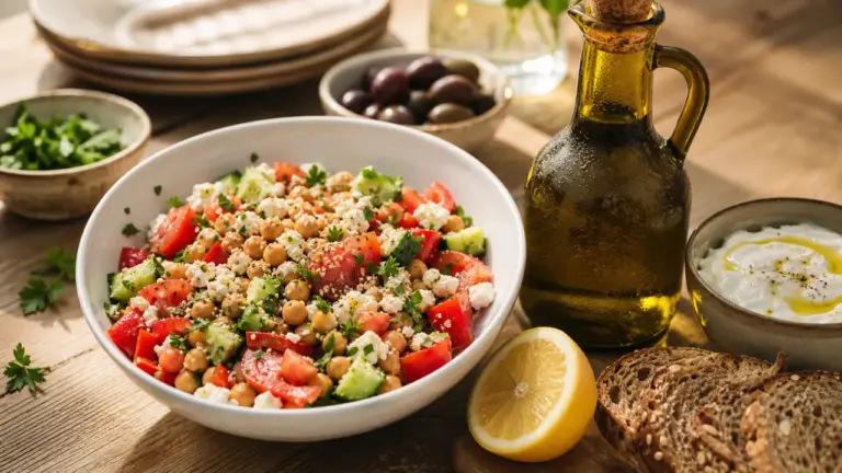 Menu type regime mediterraneen 7 jours, salade pois chiches, huile d’olive