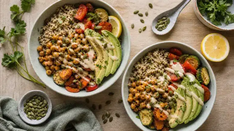 Nourriture healthy : bowl quinoa, pois chiches et légumes rôtis