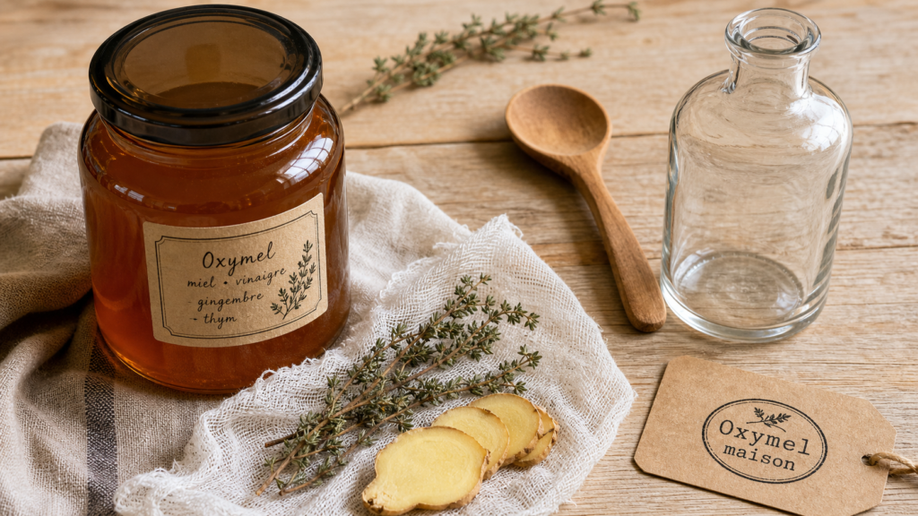 Oxymel recette maison : bocal de macération et plantes