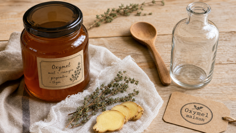 Oxymel recette maison : bocal de macération et plantes