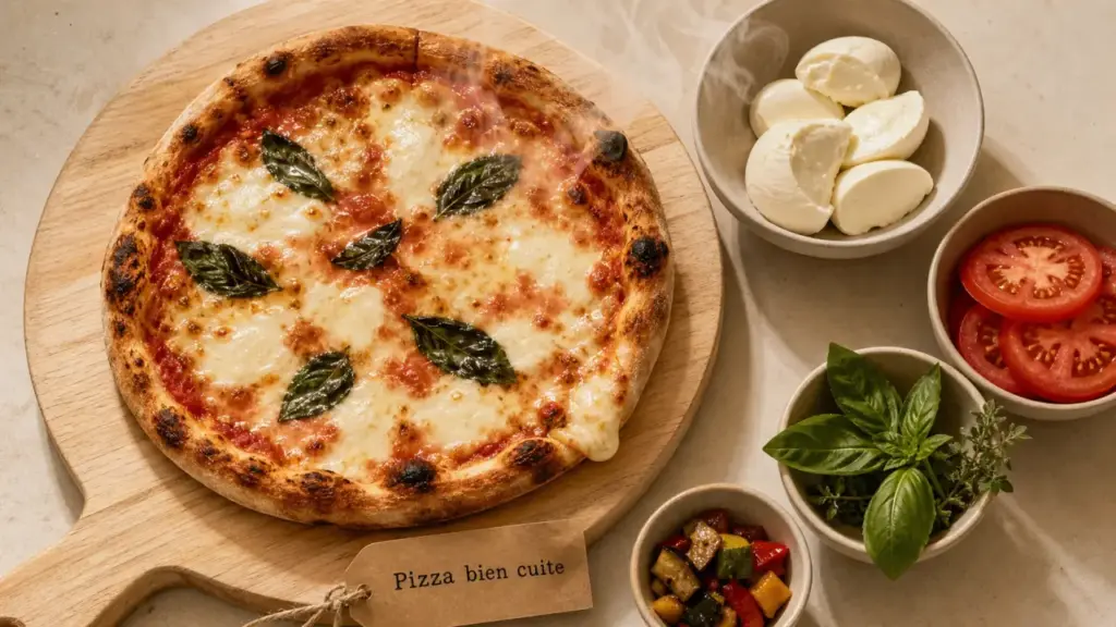 Pizza grossesse : pizza bien cuite et fromage pasteurisé sur planche en bois