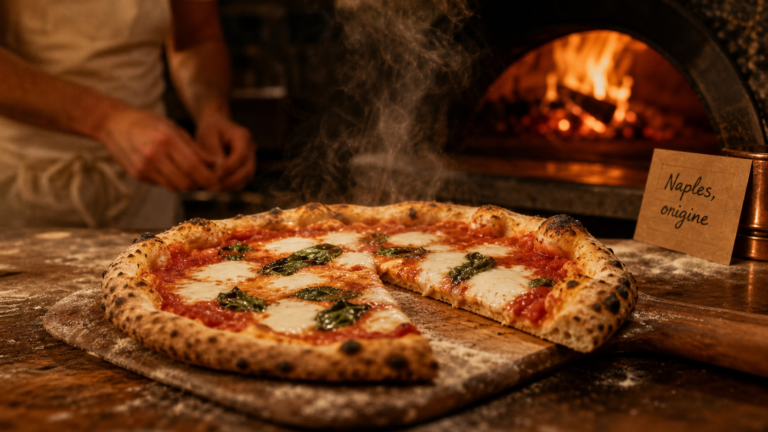Pizza origines : Margherita napolitaine au four à bois, basilic et mozzarella
