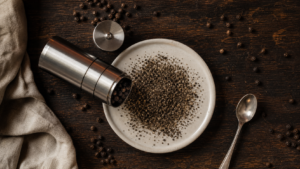 Poivre noir en grain : grains entiers sur un moulin