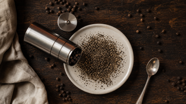 Poivre noir en grain : grains entiers sur un moulin