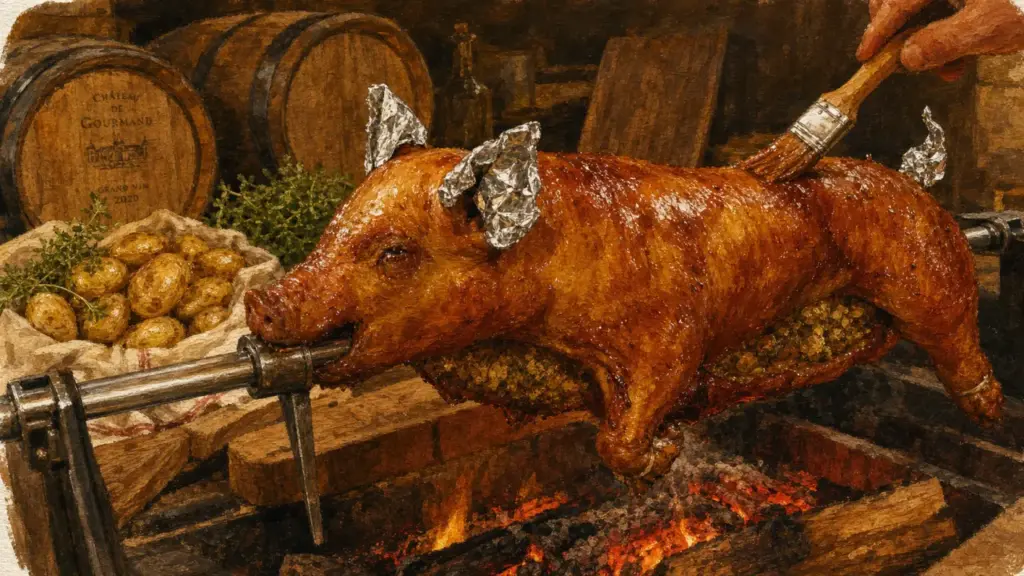 Porcelet a la broche peau croustillante cuisson lente