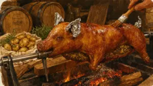 Porcelet a la broche peau croustillante cuisson lente