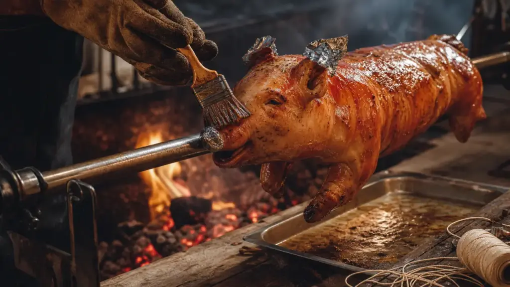 Porcelet a la broche : peau croustillante laquée sur la broche
