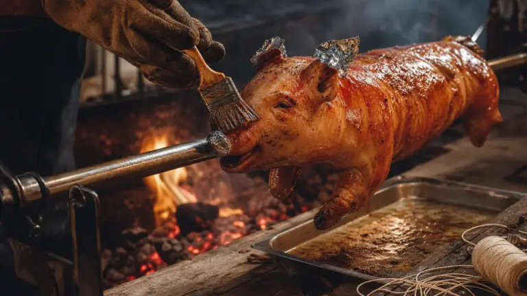 Porcelet a la broche : peau croustillante laquée sur la broche