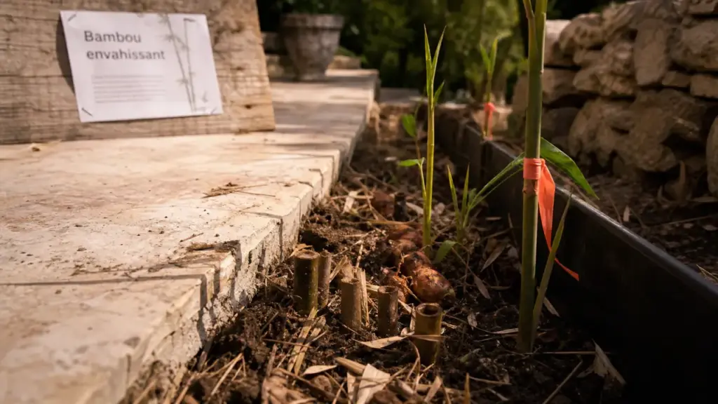 Produit pour tuer des bambous : rhizomes exposés après coupe répétée de bambous envahissants