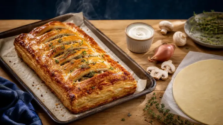 Recette avec de la pate feuilletee : feuilleté poulet-champignons doré