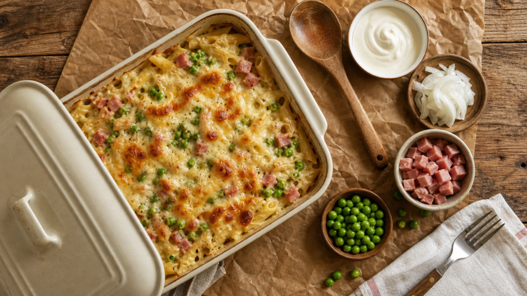 Recette facile pas cher : gratin de pâtes anti-gaspi au jambon et petits pois
