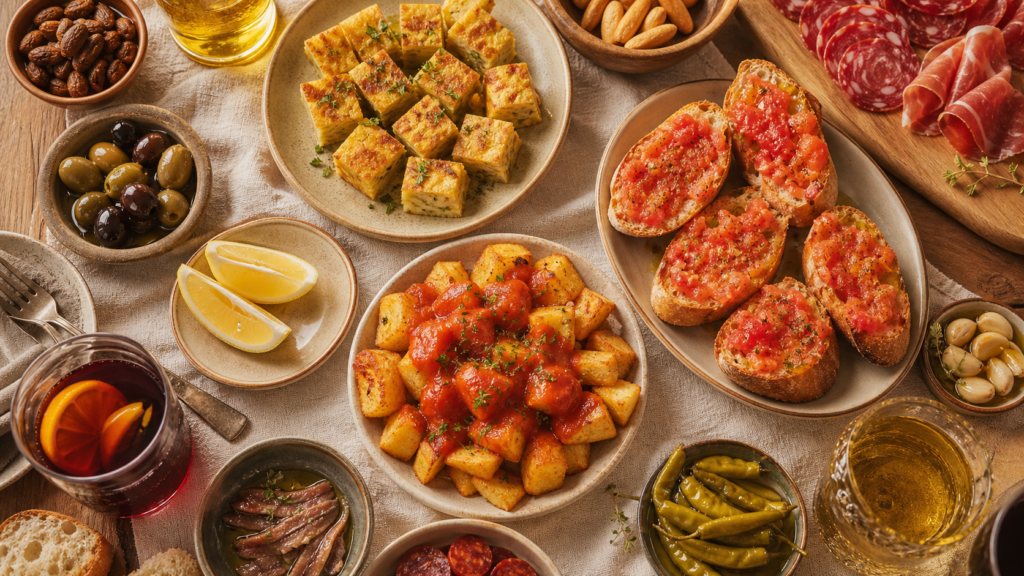 Recette des tapas espagnol : patatas bravas, tortilla et pan con tomate sur table