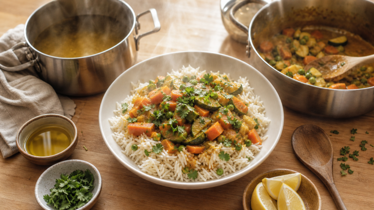 Riz en accompagnement recettes : grains vapeur, légumes et herbes
