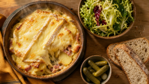 Tartiflette accompagnement avec salade amère, Apremont et dessert léger