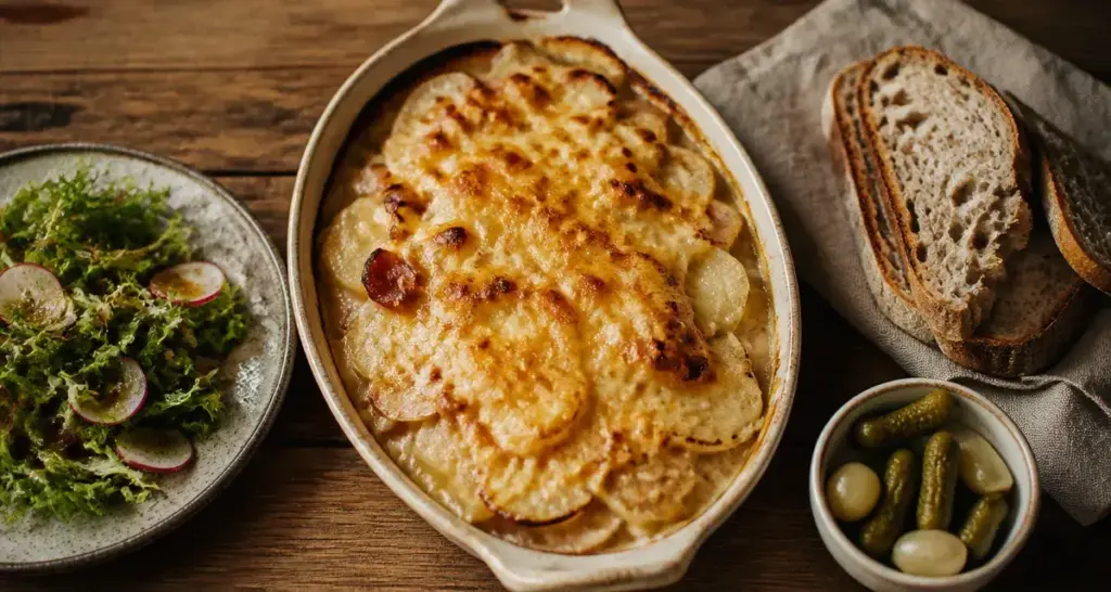 Tartiflette accompagnement : salade amère, pickles et pain de campagne