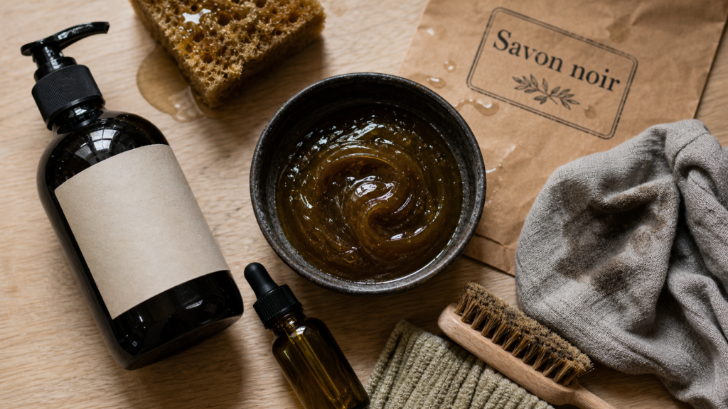 Utilisation du savon noir : 1 bouchon par litre, bouteille et éponge