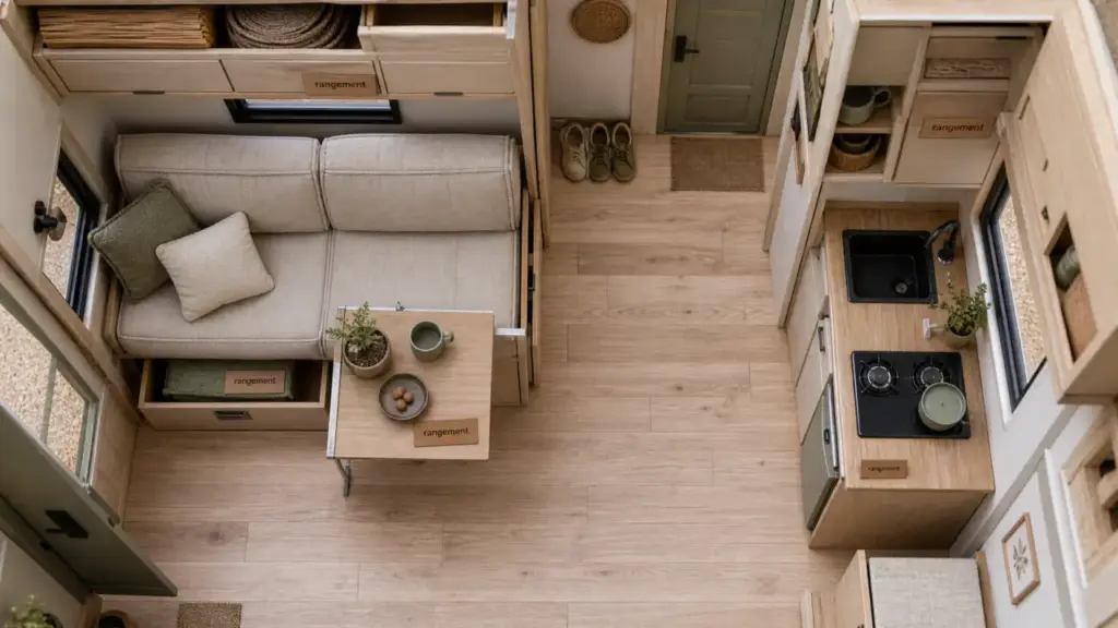 Aménagement tiny house : rangements intégrés, mezzanine, mobilier escamotable, espace de vie