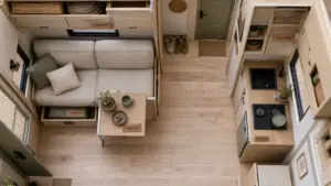 Aménagement tiny house : rangements intégrés, mezzanine, mobilier escamotable, espace de vie