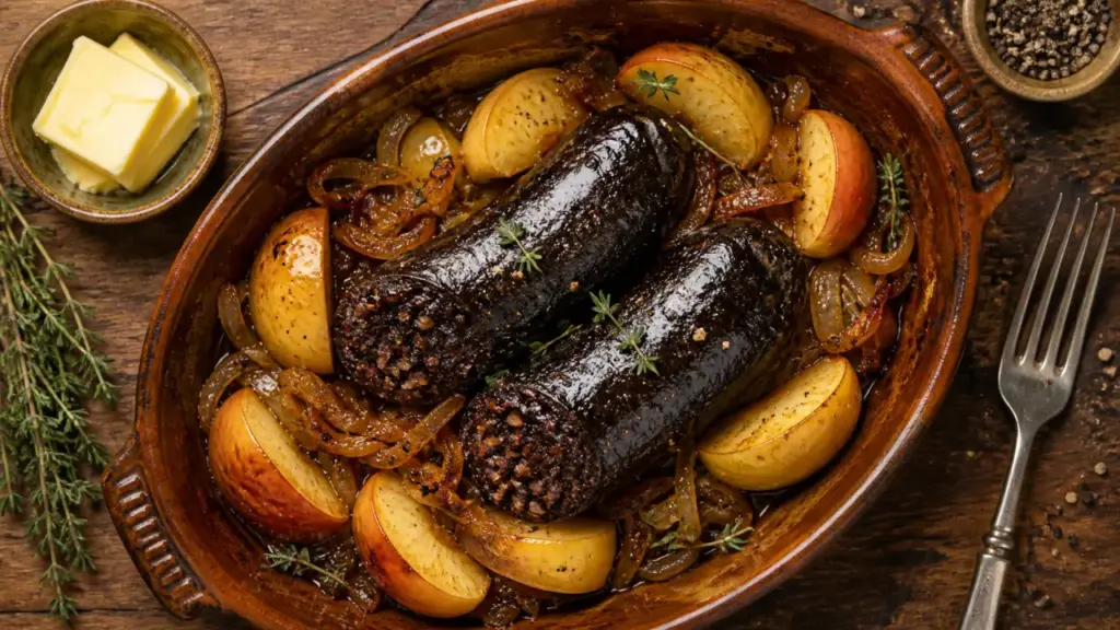 Boudins noir au four 180°C, dorés et brillants, avec pommes et oignons