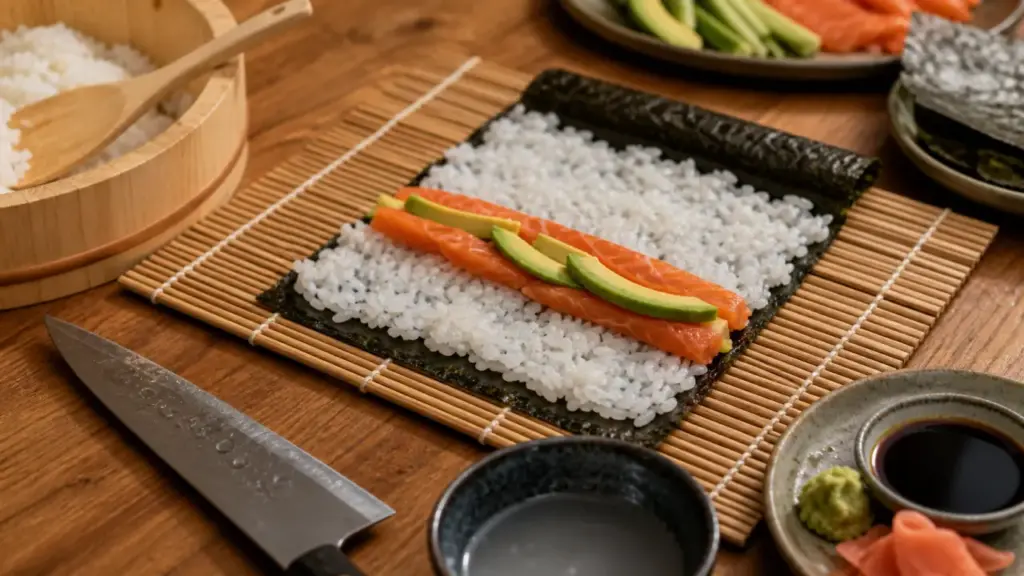 Comment faire des sushi : riz vinaigré sur makisu, nori et bâtonnets de saumon-avocat