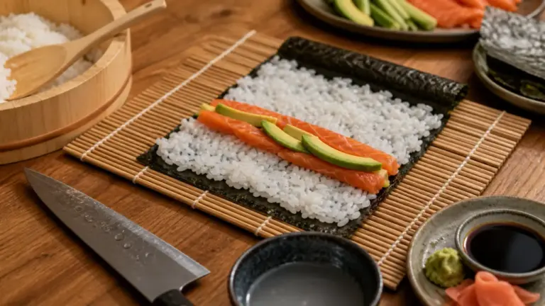 Comment faire des sushi : riz vinaigré sur makisu, nori et bâtonnets de saumon-avocat