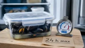 Conservation moule cuite 24 h au réfrigérateur, ne pas consommer après