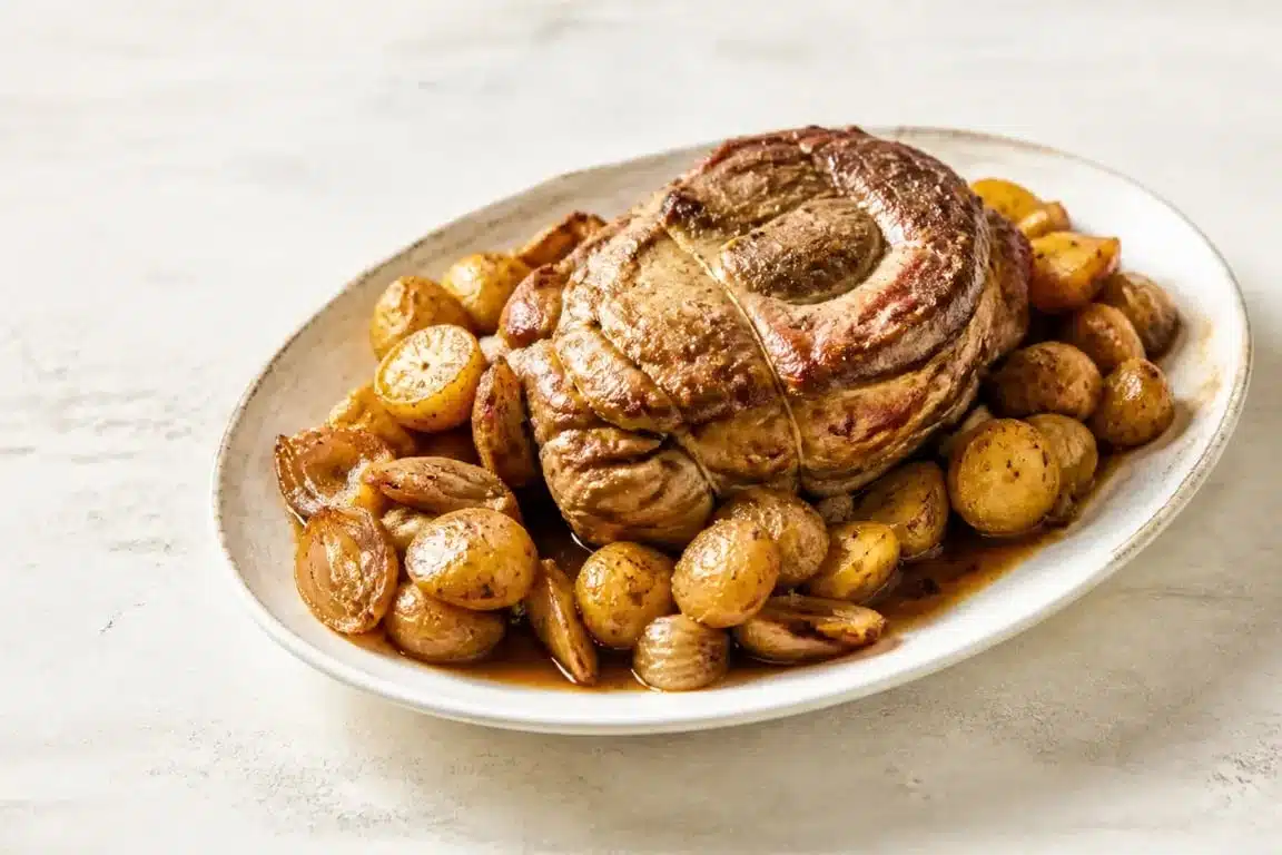 Cuisson au four rouelle de porc moelleuse servie avec pommes de terre dorées