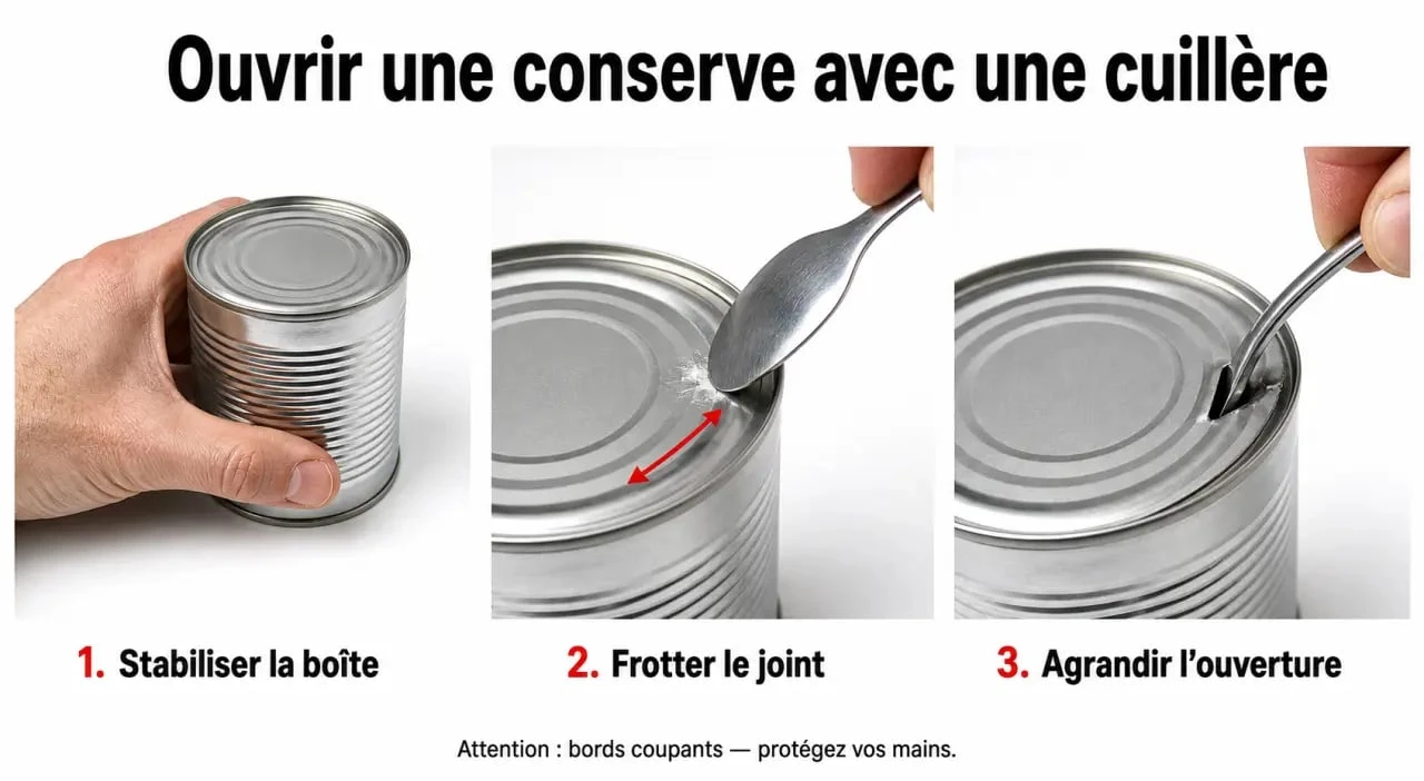 Ouvrir conserve sans ouvre boite avec une cuillère en métal, étape par étape