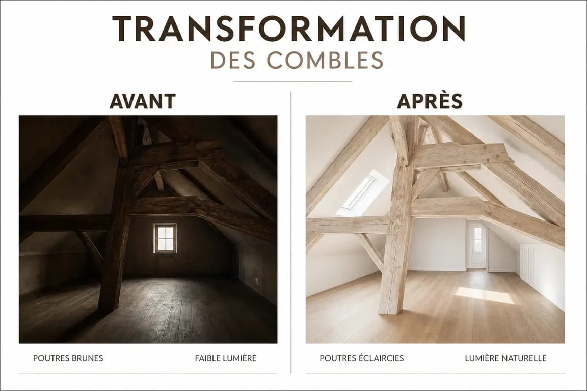 Charpente apparente dans un intérieur sous combles rénové, avant/après avec poutres visibles