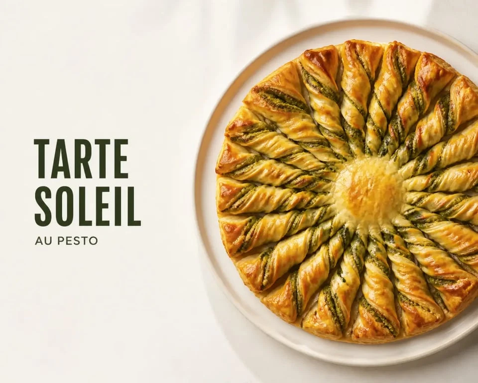 Recette tarte du soleil pesto dorée et croustillante, vue de dessus en 3/4