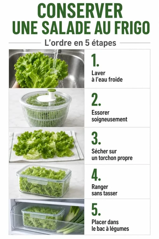 Conserver salade au frigo : schéma des étapes pour laver, essorer, sécher et ranger les feuilles dans le bac à légumes