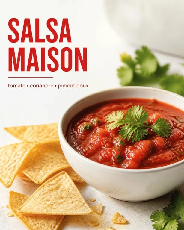 Recette sauce salsa maison servie dans un bol avec chips de maïs
