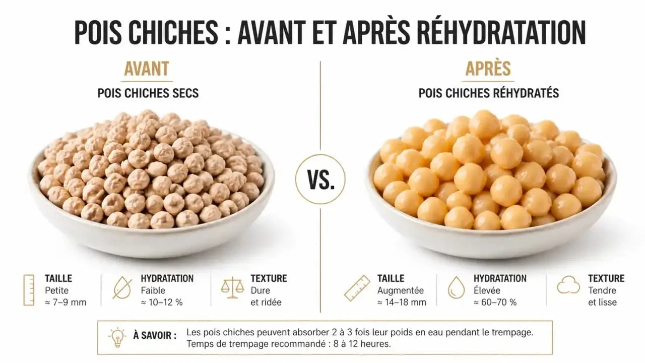 Comparaison entre pois chiches secs et pois chiches trempés pour la préparation