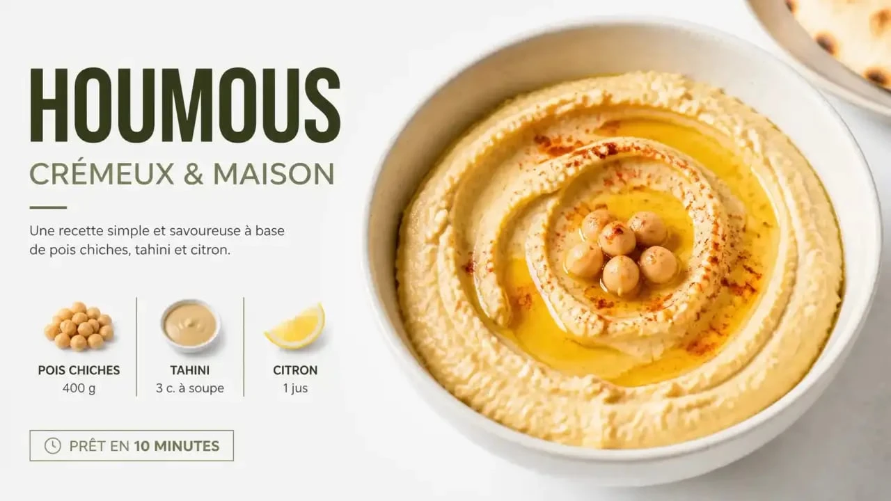 Recette de houmous maison onctueux préparé avec des pois chiches