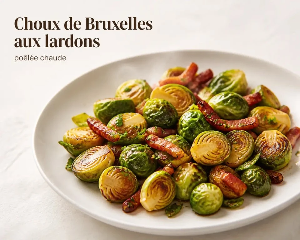 Recette choux de Bruxelles lardons servis en poêlée dorée dans une assiette chaude