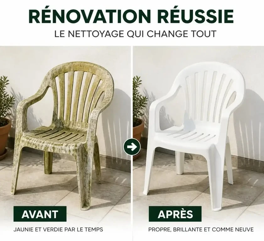 Rénovation d'un salon de jardin en plastique : avant et après le nettoyage pour raviver un plastique terni.
