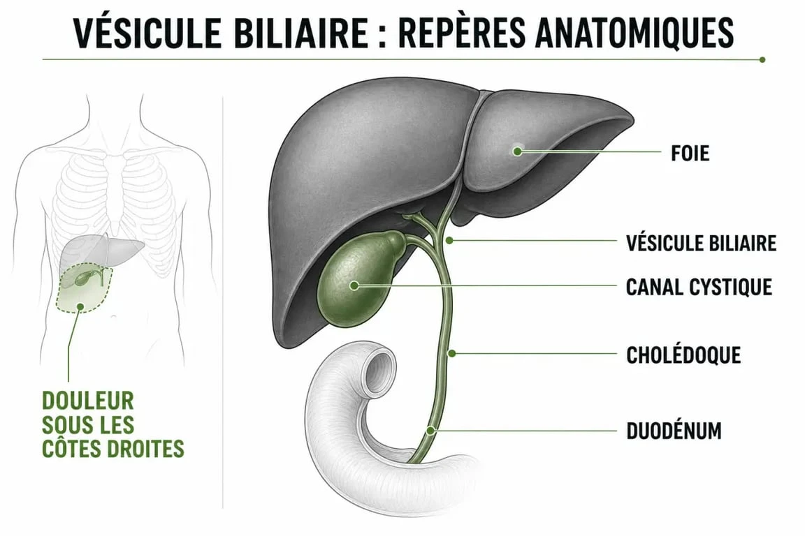 Vésicule malade symptôme : schéma de la vésicule biliaire et des voies biliaires avec douleur sous les côtes droites