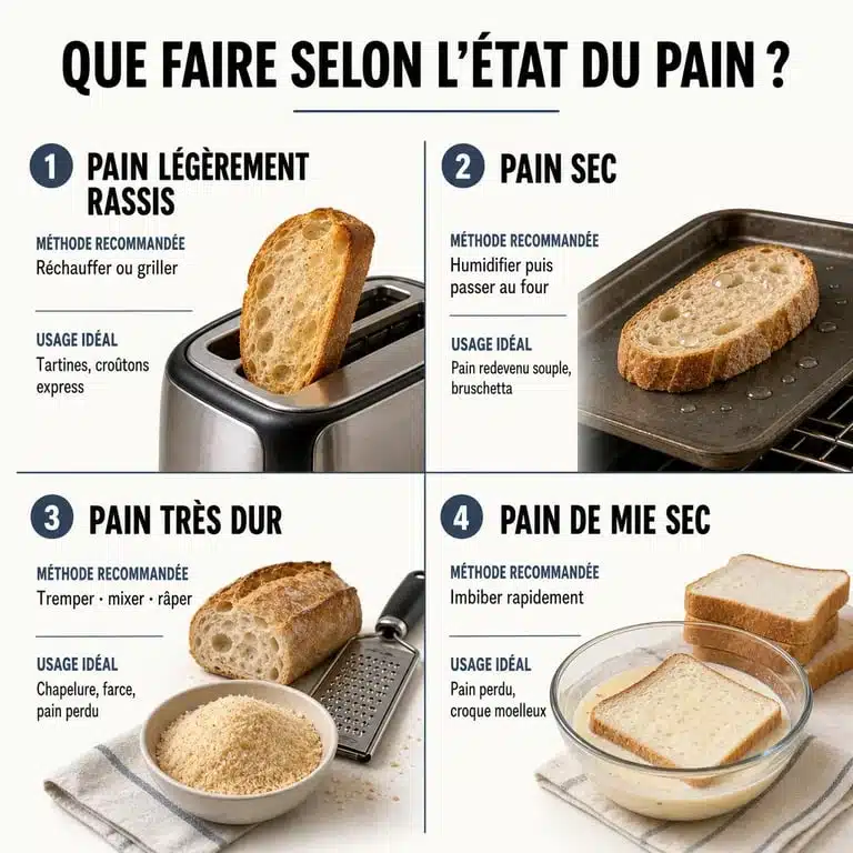 Recettes avec pain : guide visuel selon l’état du pain, rassis, sec ou dur