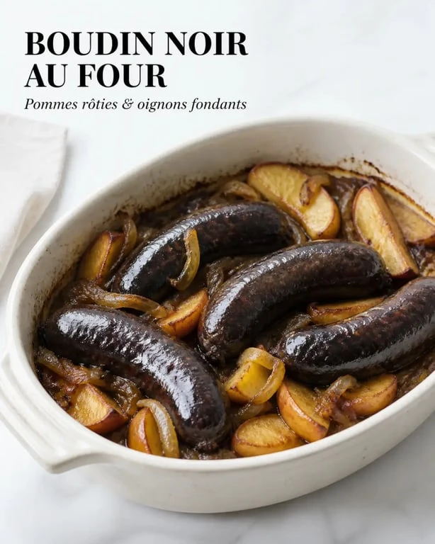Boudins noir au four avec pommes et oignons, plat dressé et prêt à servir