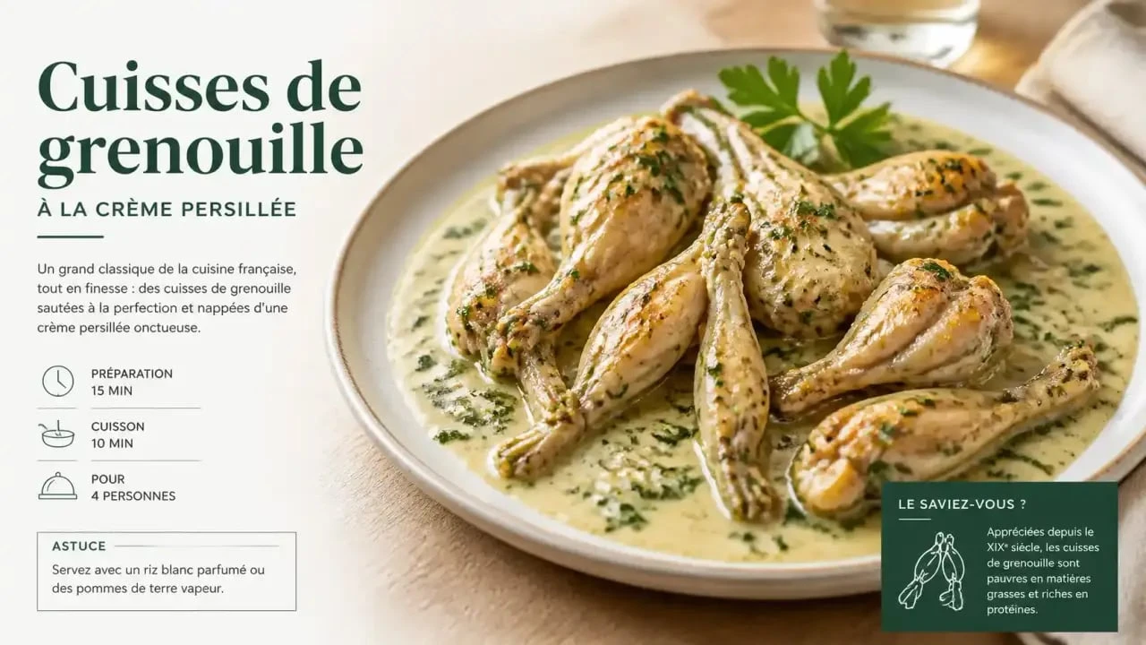 Recette de cuisses de grenouille à la crème persillée dans une assiette élégante