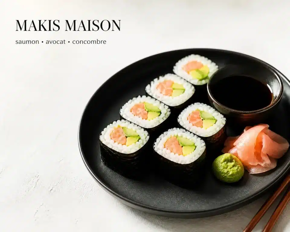 Comment faire des sushi : makis maison dressés sur une assiette avec sauce soja, wasabi et gingembre mariné