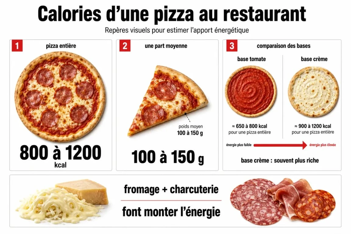 kcal restaurant pizza : comparaison visuelle des calories d’une pizza entière, d’une part et des garnitures