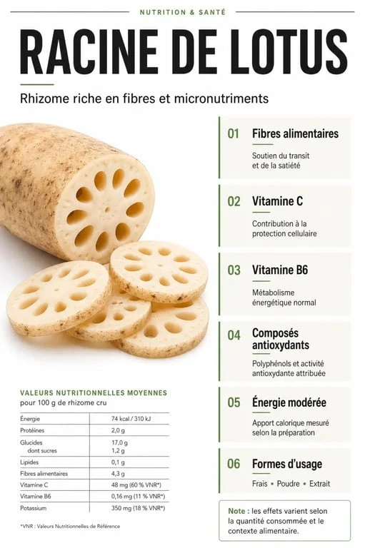 Racine de lotus bienfaits : visuel éditorial sur les fibres, les antioxydants et les usages nutritionnels