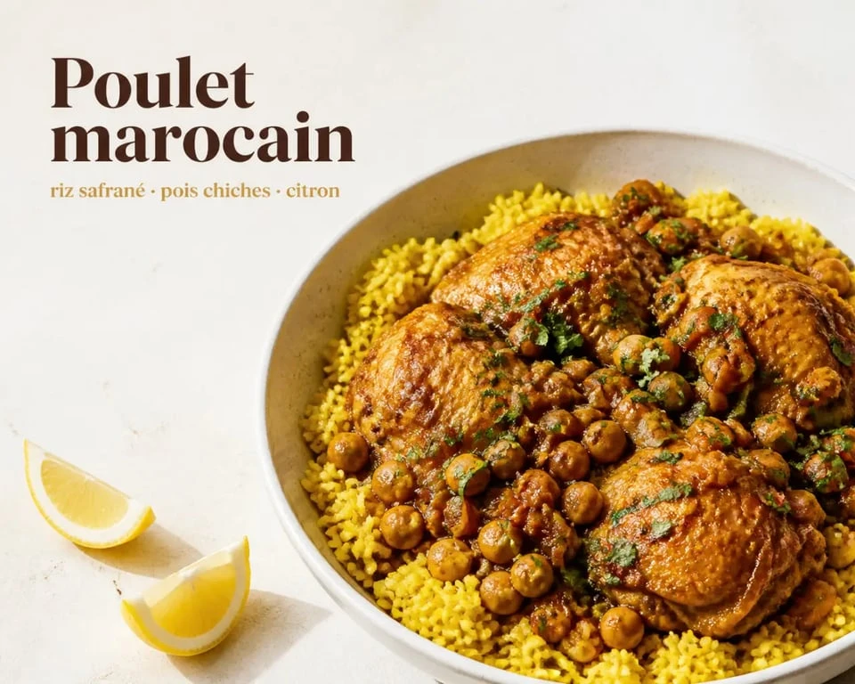 Recette au poulet marocain servie dans un grand plat avec sauce, pois chiches et riz safrané