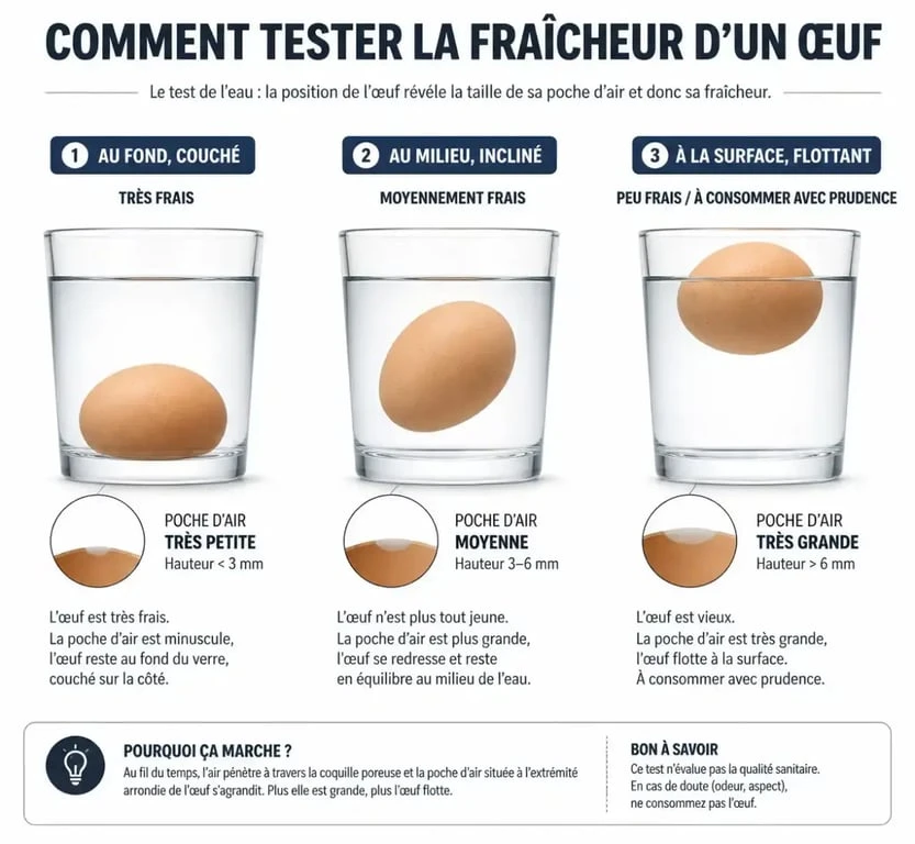 Schéma explicatif du test de l'œuf dans l'eau pour vérifier la fraîcheur