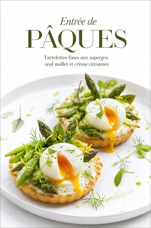 Entrée pâques gastronomique en tartelettes fines aux asperges et œuf mollet