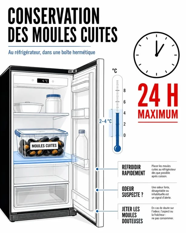 Conservation moule cuite : boîte hermétique au réfrigérateur, 2 à 4 °C et 24 heures maximum