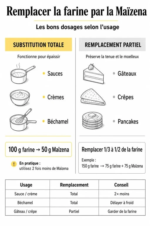 Infographie sur remplacer la farine par la maïzena avec dosages et cas d’usage